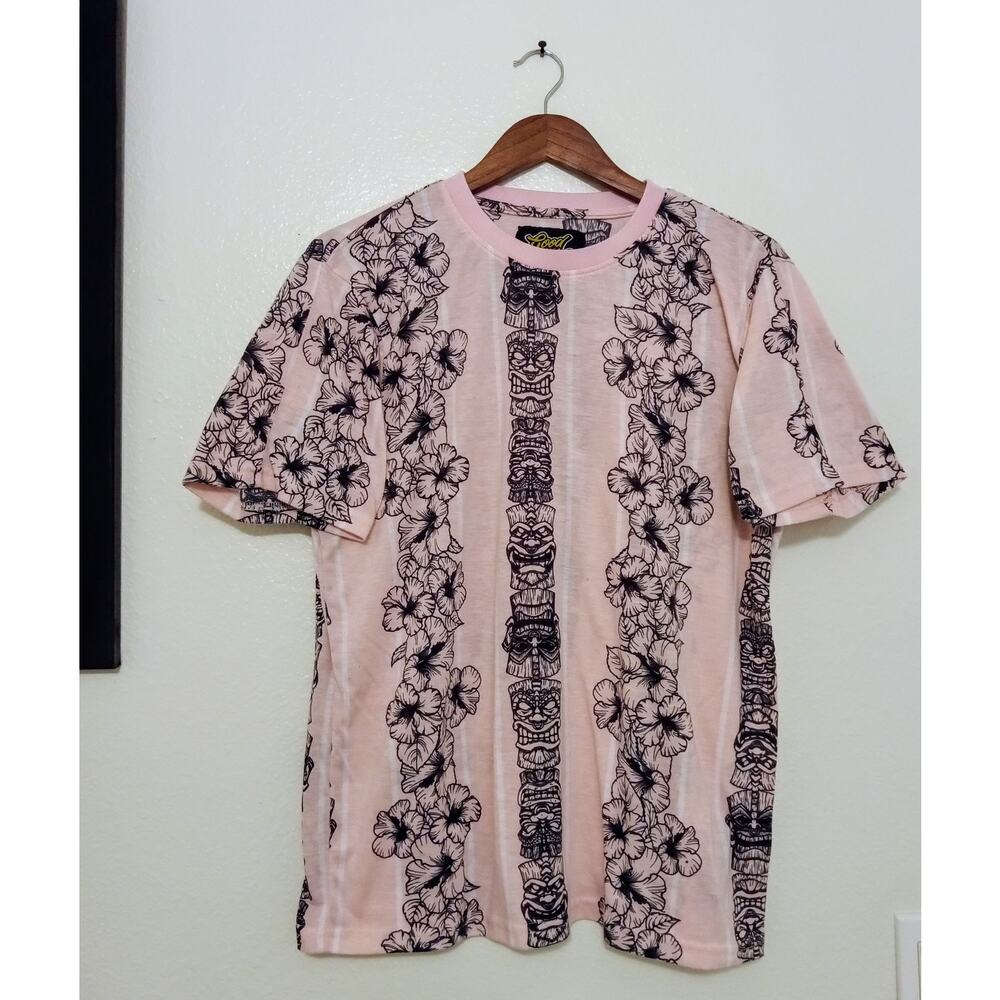 Good Vibes by Drill Clothing Co Hawaiian Tiki Hibiscus Pink Graphic T Shirt SZ L